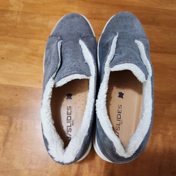 J/Slides Nada Pewter Metallic Suede Slip On Platform Shoes Faux Shearling Suede - Picture 6 of 11